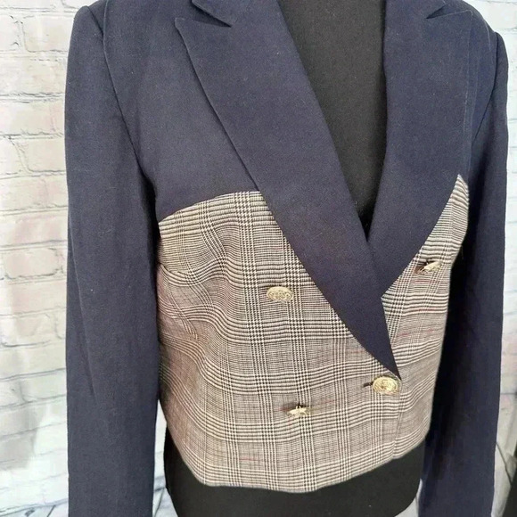 JASON WU NWT SZ M Cropped Blazer Navy w/ Gray Glen Plaid, Double Breasted CLASSY - Picture 2 of 8